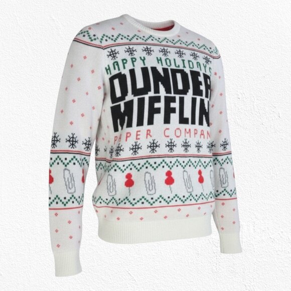The Office Dunder Mifflin Holiday Fair Isle Knit Sweater White Red Size Small - Picture 1 of 9